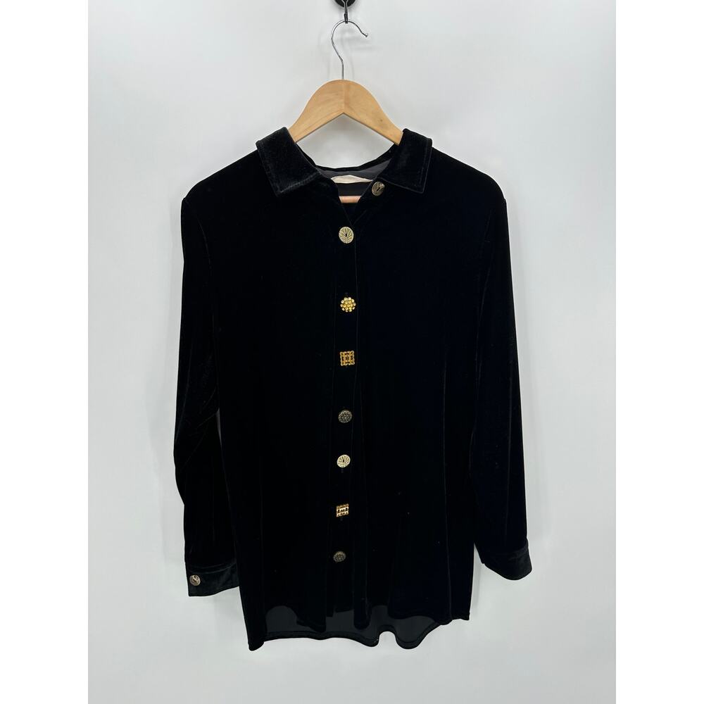 Soft Surroundings Button Up Shirt Women Large Black Velvet Filigree Boyfriend
